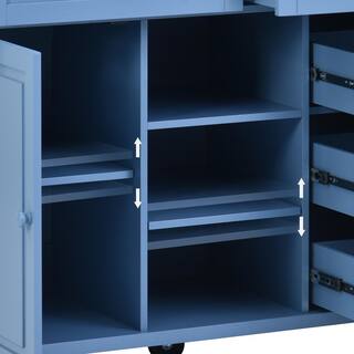 Blue Rubber Wood Desktop 53 in. W Kitchen Island on 5-Wheels with Storage and 5-Drawers MMuunea-01