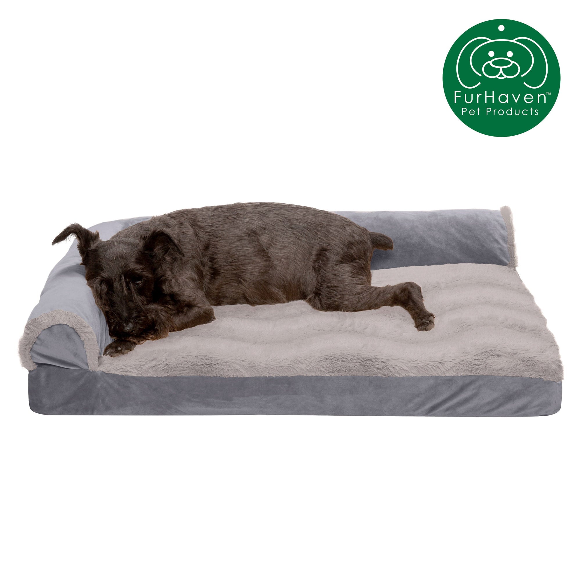 FurHaven | Deluxe Orthopedic Wave Fur & Velvet L-Chaise Lounge Pet Bed for Dogs & Cats, Granite Gray, Medium