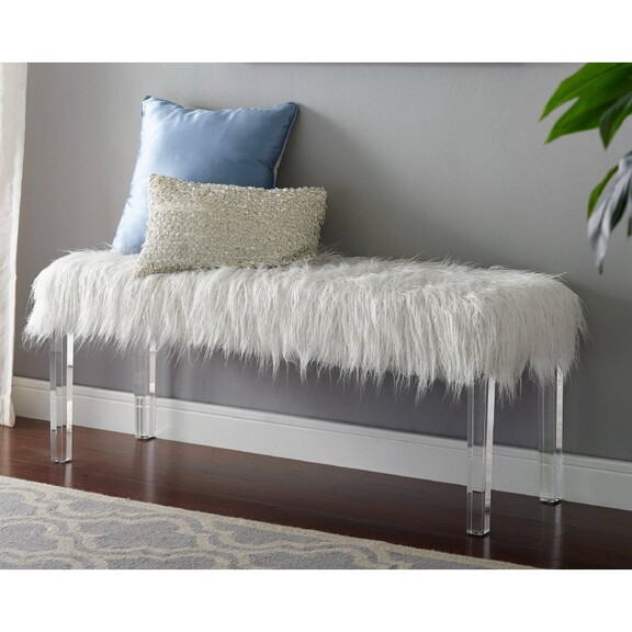 1pc White Glam Accent Bench with Faux Fur Seat Tra...