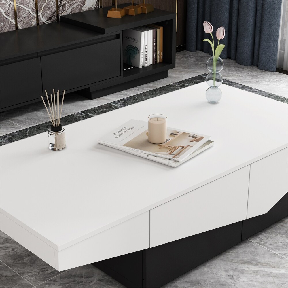 47 Inch Black   White Modern Coffee Table with 4 Large Storage Drawers   47.2\