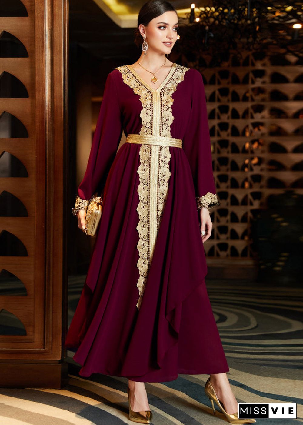 Slim Fit Maroon Asymmetrical Design Lace Patchwork Chiffon Maxi Dresses Long Sleeve