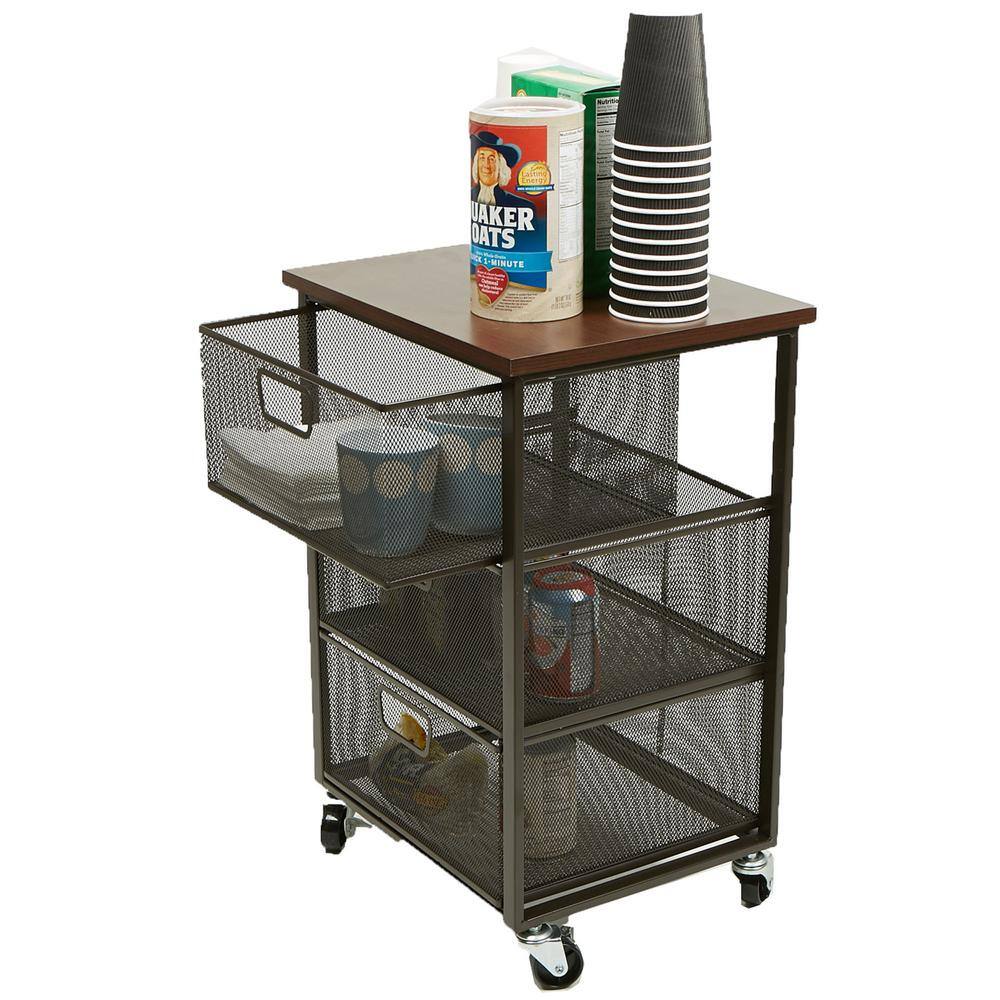 Mind Reader 3 Tier Metal Mesh Mobile Cart in Black with Brown Top 3TMESHC-BLK