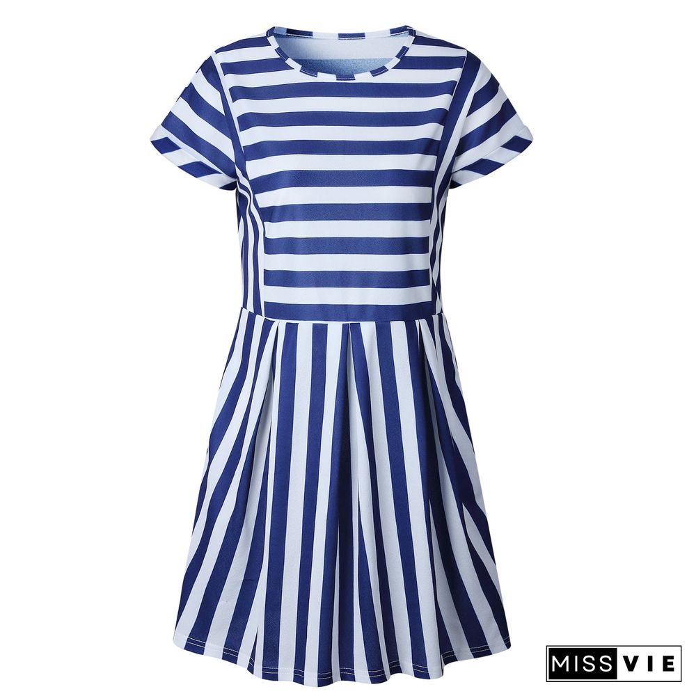 Slimming High Waisted Striped Short Sleeve Swing Dress