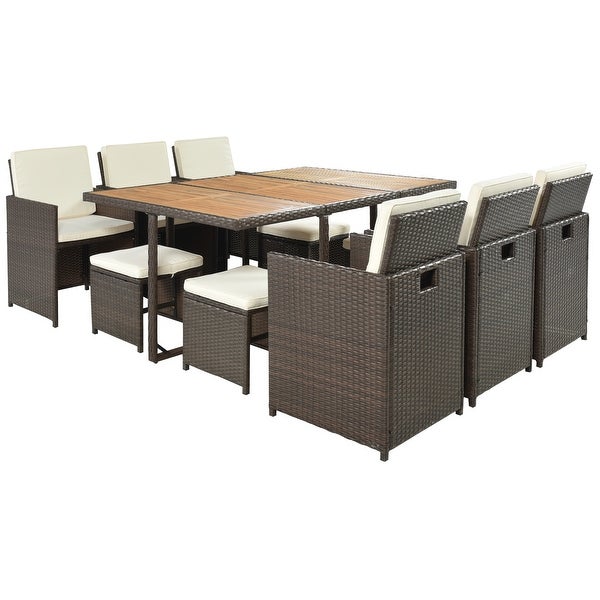 11-Piece Patio All-Weather PE Wicker Dining Table Set with Wood Tabletop for 10， Brown Rattan+ Beige Cushion - Overstock - 37904302