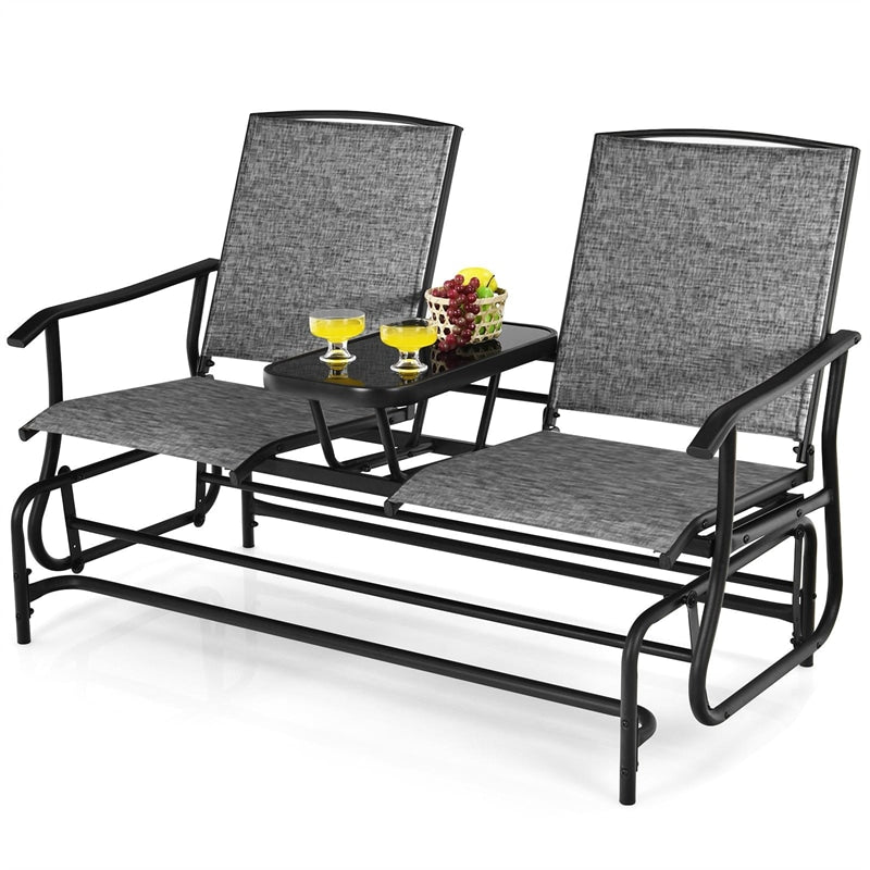 Outdoor 2-Person Rocking Loveseat Patio Bench Glider Chair with Center Tempered Glass Table