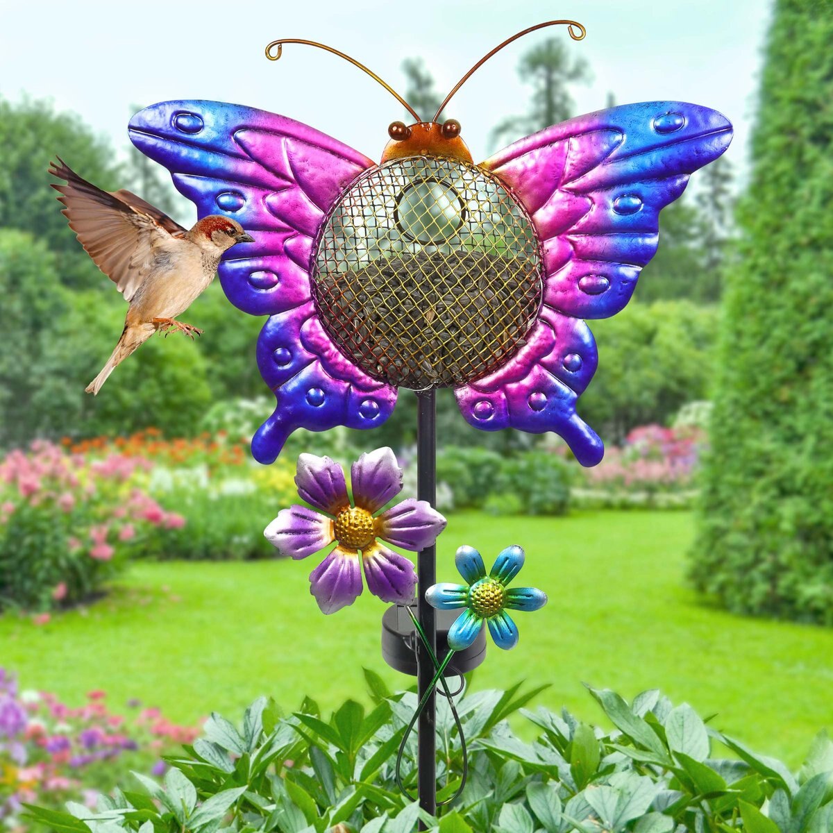 Exhart Solar Hand Painted Butterfly Metal Mesh Pellet Bird Feeder Garden Stake