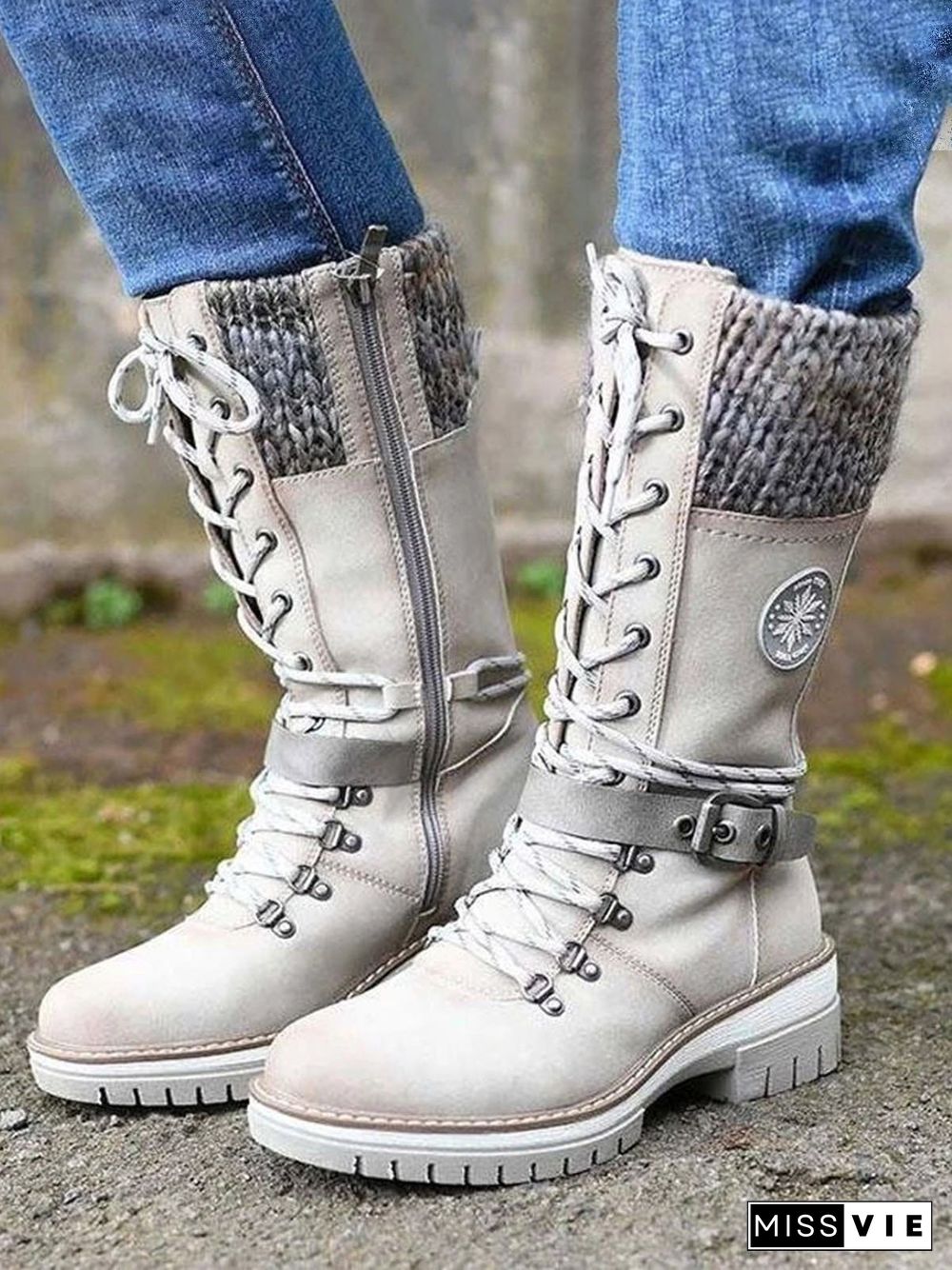 Retro Casual Stitching Zipper Lace-up Combat Boots