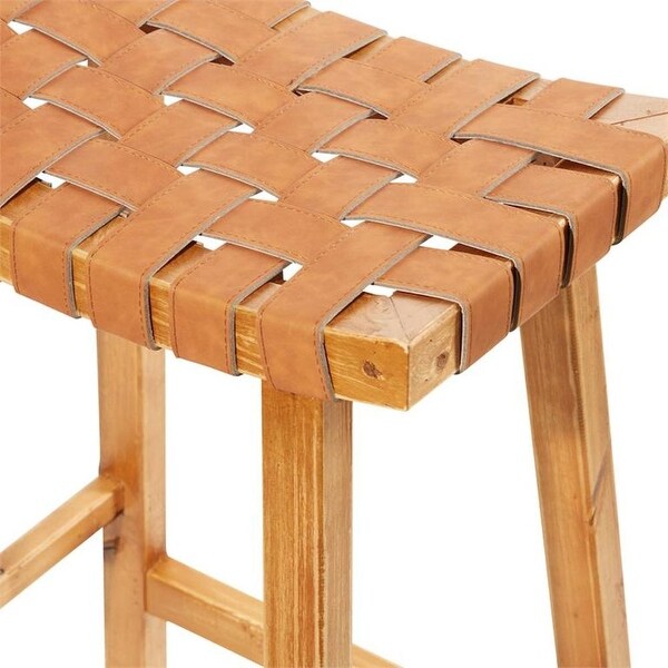 Woven Leather And Birch Wood Bar Stool