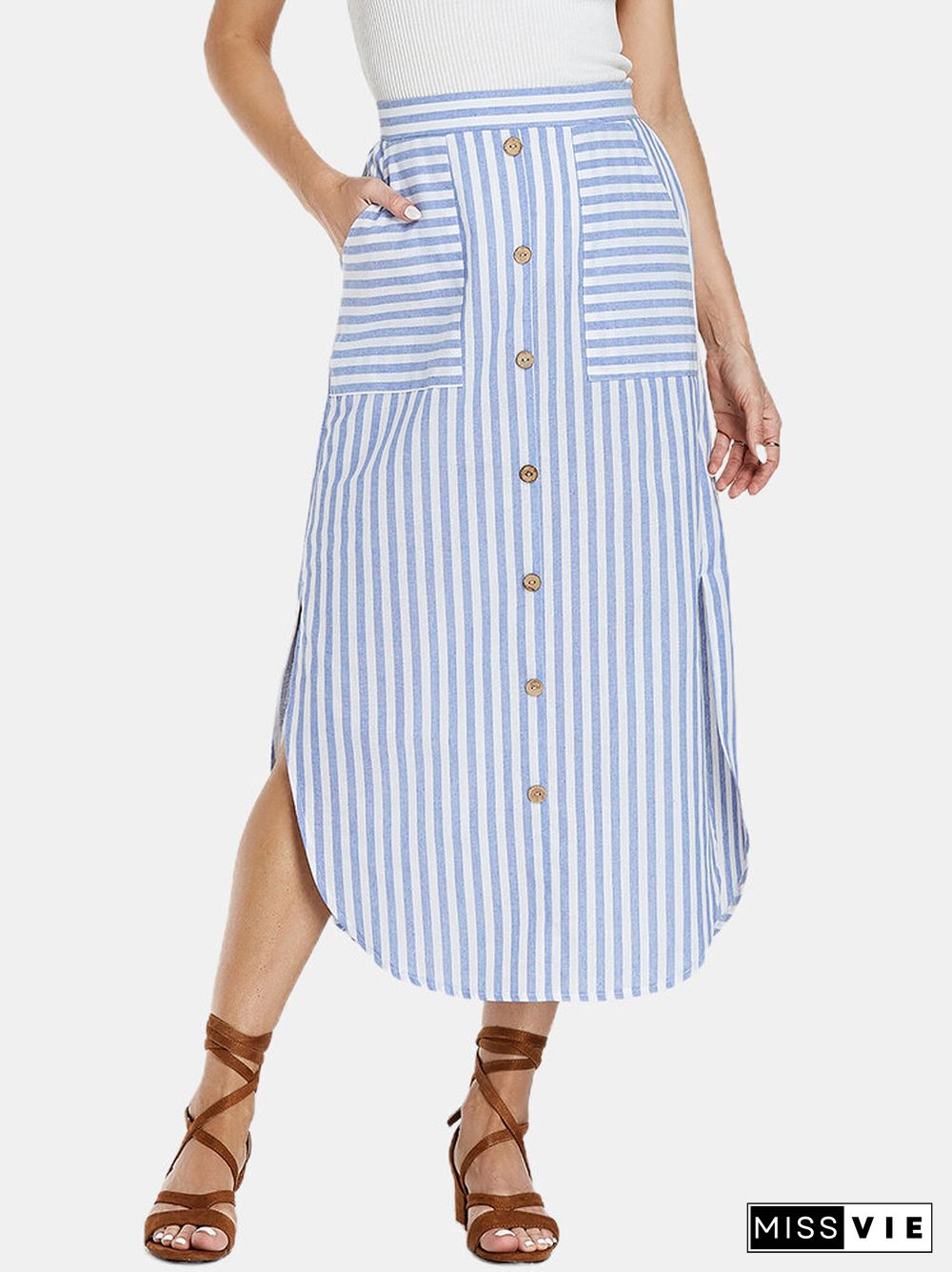 Striped Print Slit Button Pocket Long Casual Skirt for Women