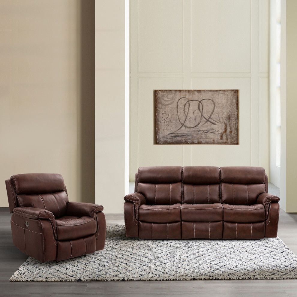 Montague Dual Power Reclining 2 Piece Sofa and Recliner Set  Brown Leather   Contemporary   Living Room Furniture Sets   by Homesquare  Houzz