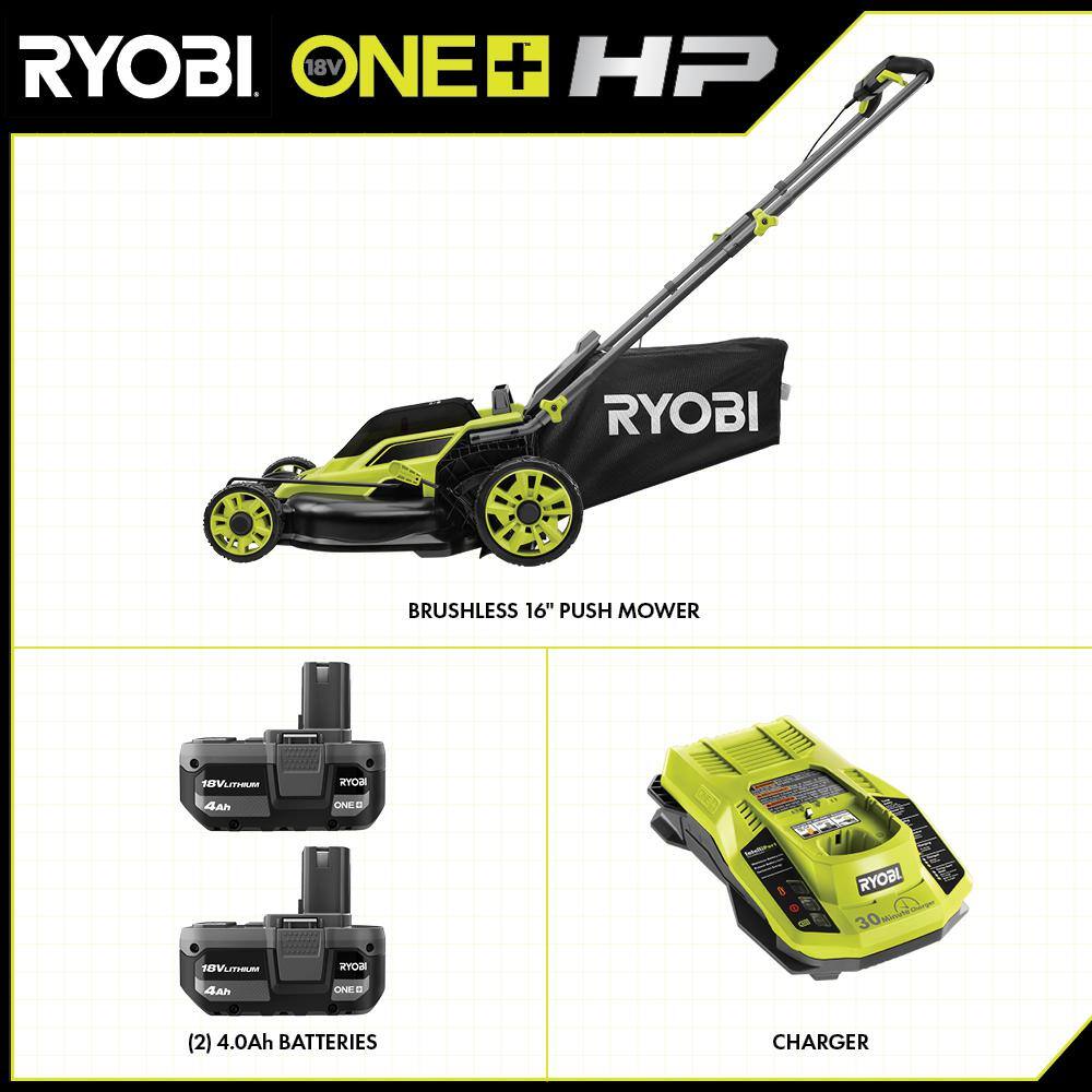 RYOBI ONE+ HP 18V Brushless 16 in. Cordless Battery Walk Behind Push Lawn Mower with (2) 4.0 Ah Batteries and (1) Charger P1190