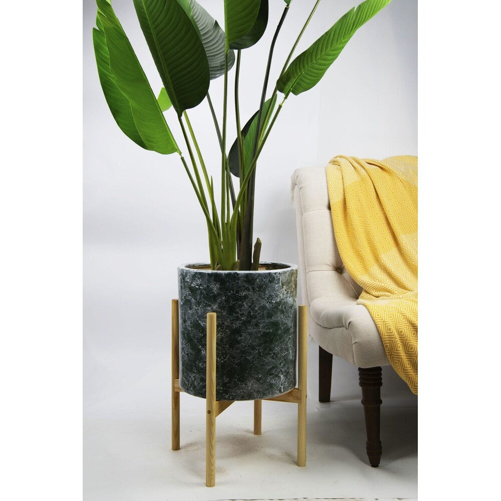 UPshining 13'' Extra Large Mid Century Modern Ceramic Planter Green Marble With Wood Stands