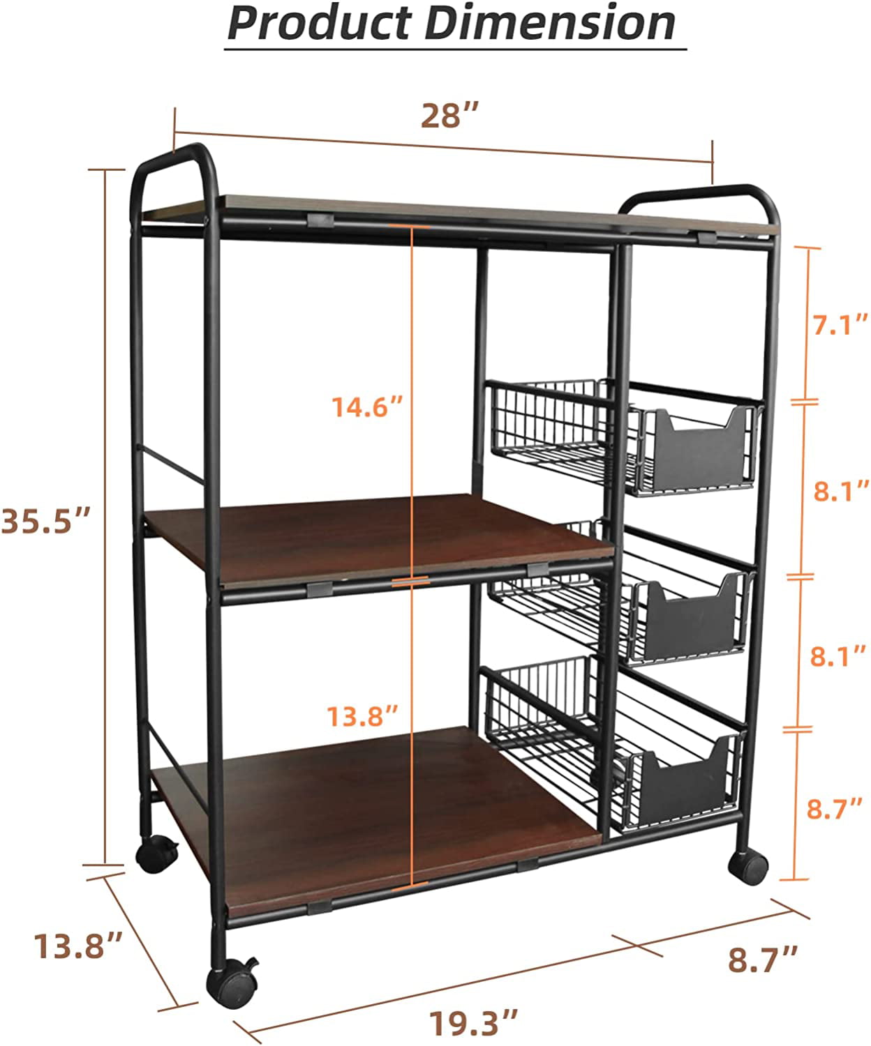 KnightCraft Microwave Cart with 3 Shelves and 3 Drawers， Rustic Brown