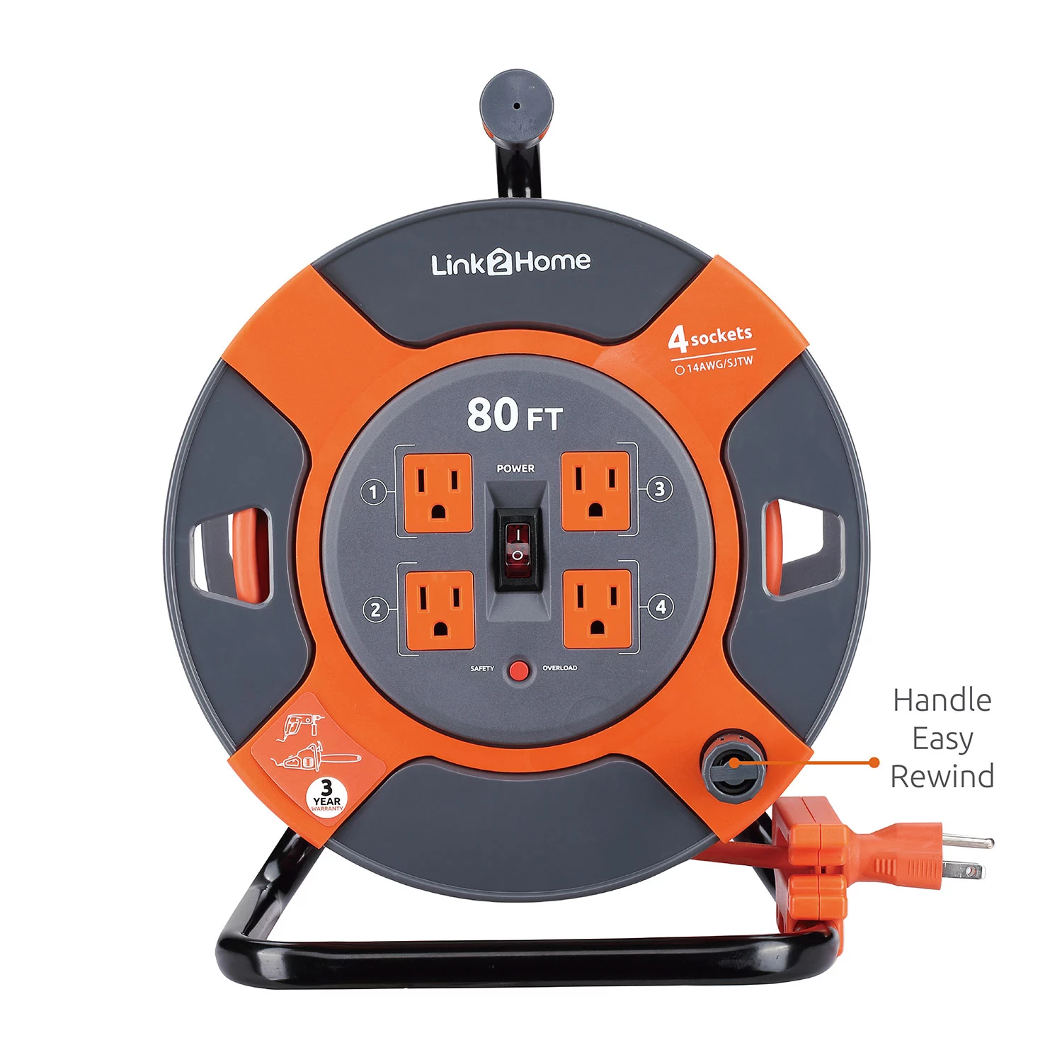 Link2Home Cord Reel Extension Cord 4 Power Outlets (80 Feet)