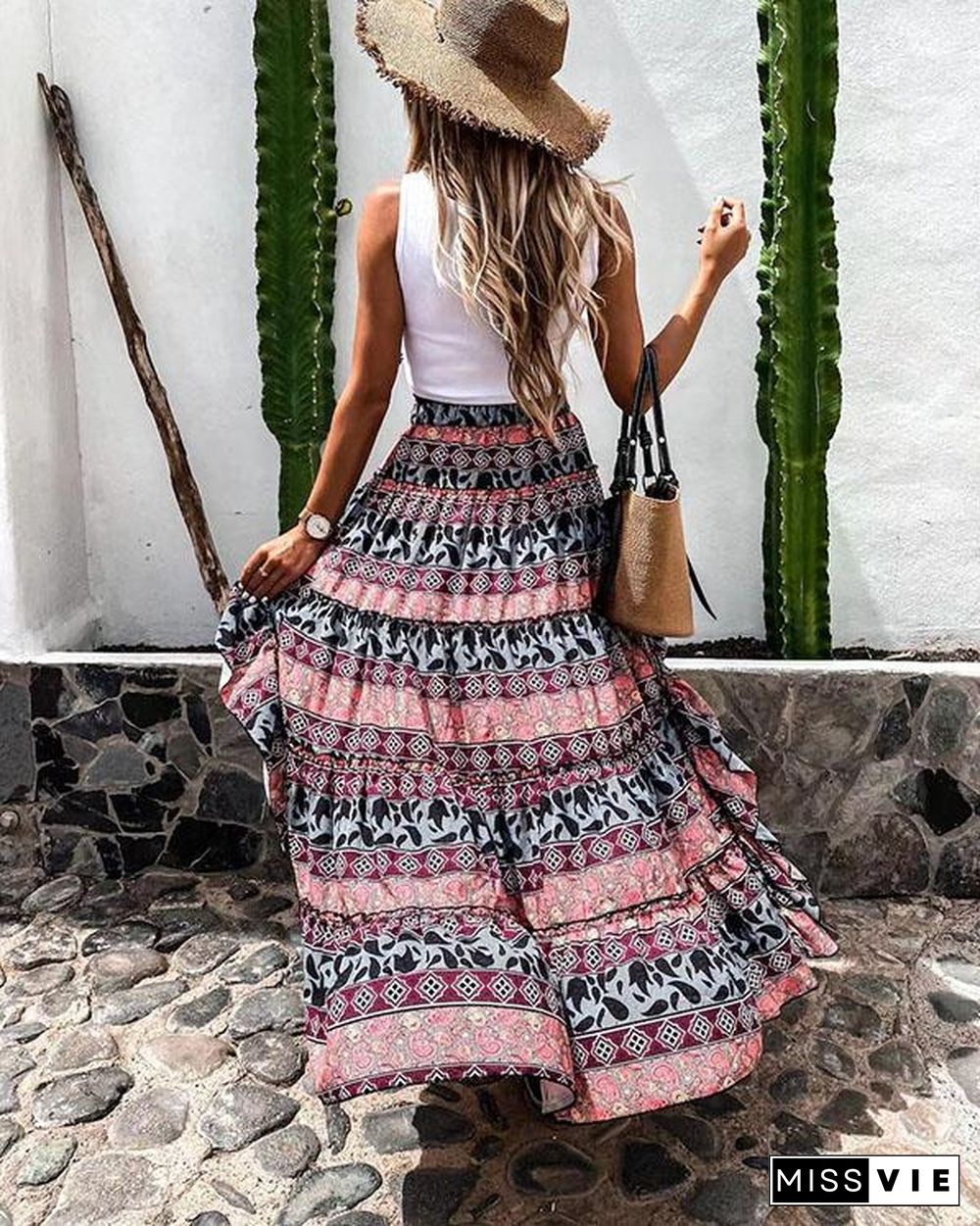 Fashion Print Irregular Hem Flowy Skirt