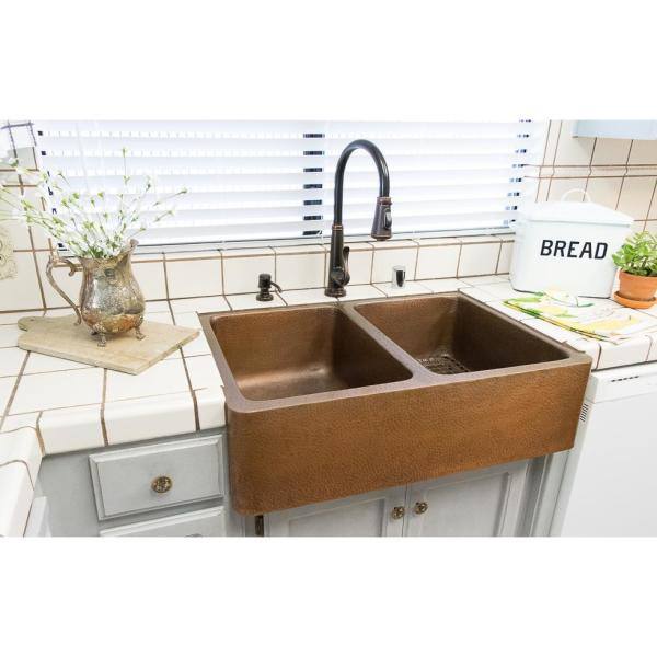 SINKOLOGY Adams 33 in. Farmhouse Double Bowl 16 Gauge Antique Copper Kitchen Sink K2A-1005ND