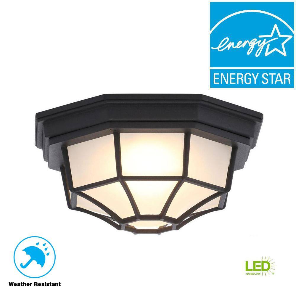 Hampton Bay Hampton Bay 10.5 in. 1 Light Black Outdoor Weather Resistant Integrated LED Flush Mount with Frosted Glass Shade HB7072LED-05