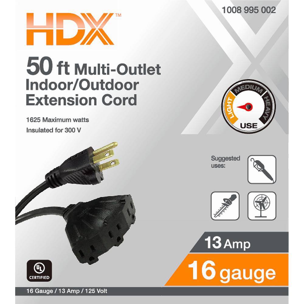 HDX 50 ft. 163 Light Duty IndoorOutdoor Extension Cord with Tri-tap Black HWHD16350F