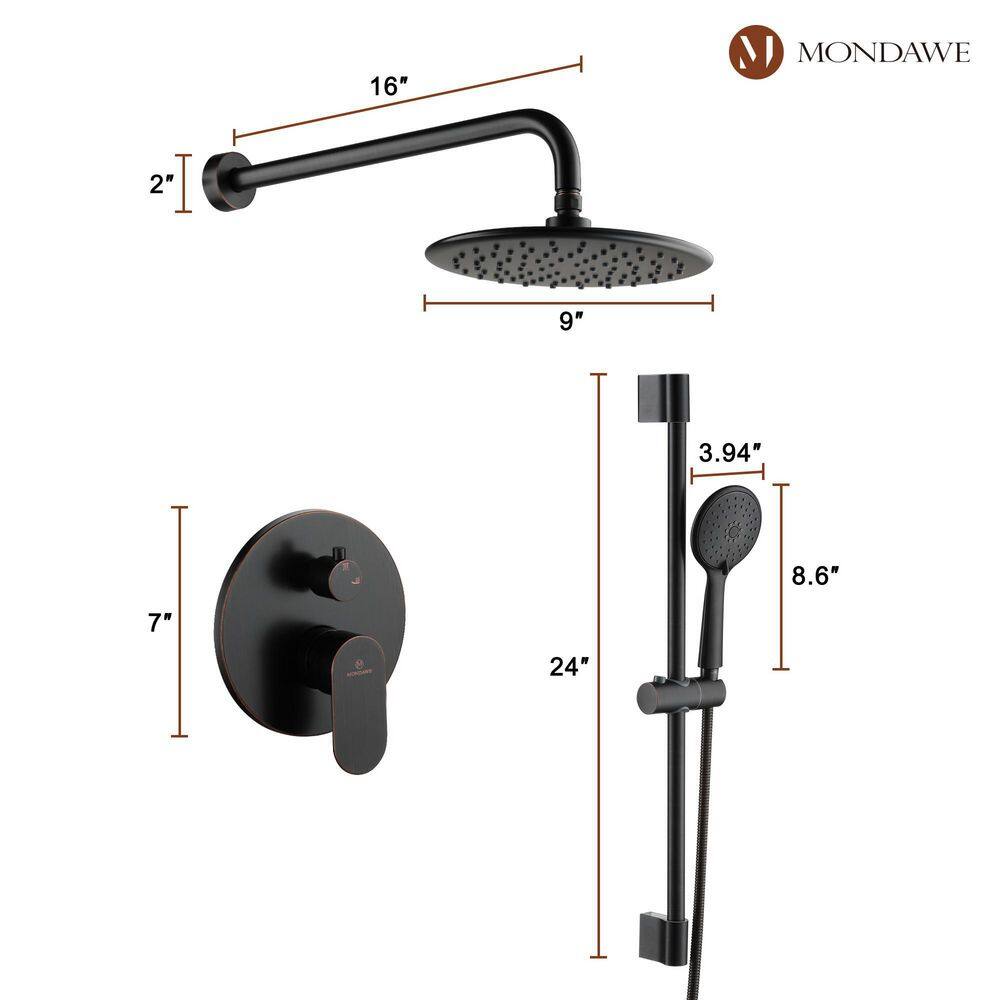 Mondawe Retro Series 3-Spray Patterns with 1.8 GPM 9 in. Rain Wall Mount Dual Shower Heads with Handheld in Oil-Rubbed Bronze MD-A3816-ORB