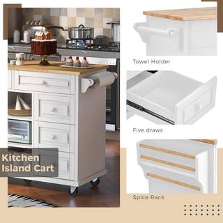 Rubber Wood Desktop White 52.8 in. W x 18.1 in. D x 36.2 in. H Kitchen Island on 5 Wheels with Spice Rack and Drawers W999VESINK21