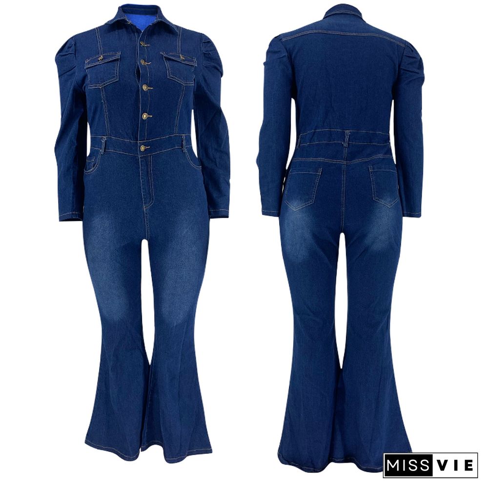 Winter Women Skinny Full Sleeve Denim Flare Jeans Jumpsuit