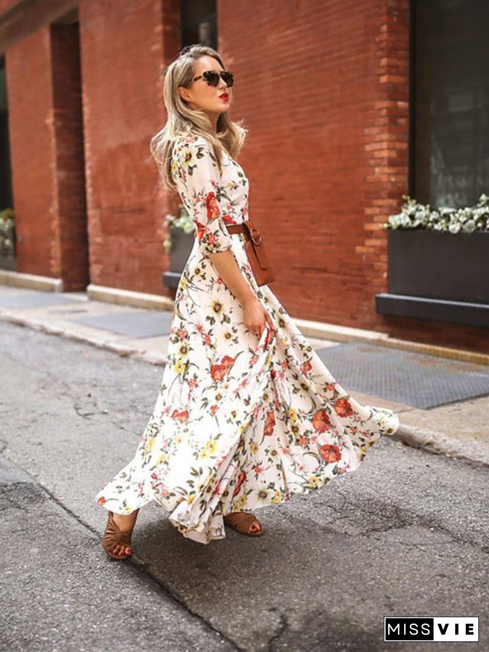 Women's Swing Dress Maxi long Dress - 3/4 Length Sleeve Floral Flower Print Spring Summer Casual Hot Holiday vacation dresses Lantern Sleeve Ruffle White S M L XL XXL