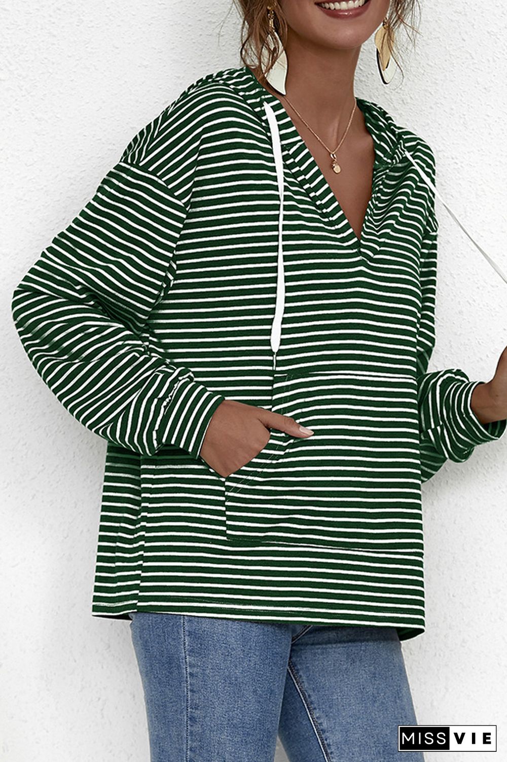 Stripes V Neck Front Pocket Drawstring Hoodies Wholesale