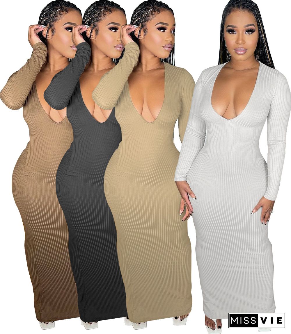 Solid V Neck Long Sleeves Bodycon Knitted Dress