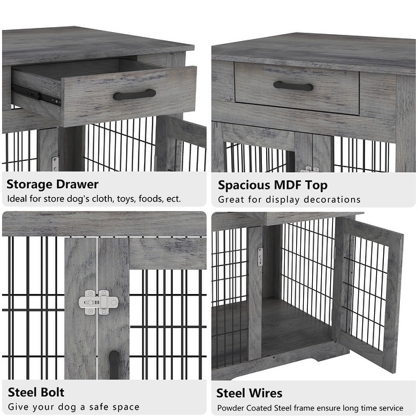 Mieres Double Door Wooden End Table Dog Crate with Double Doors， Indoor Pet Kennel Side Table with Storage Drawer