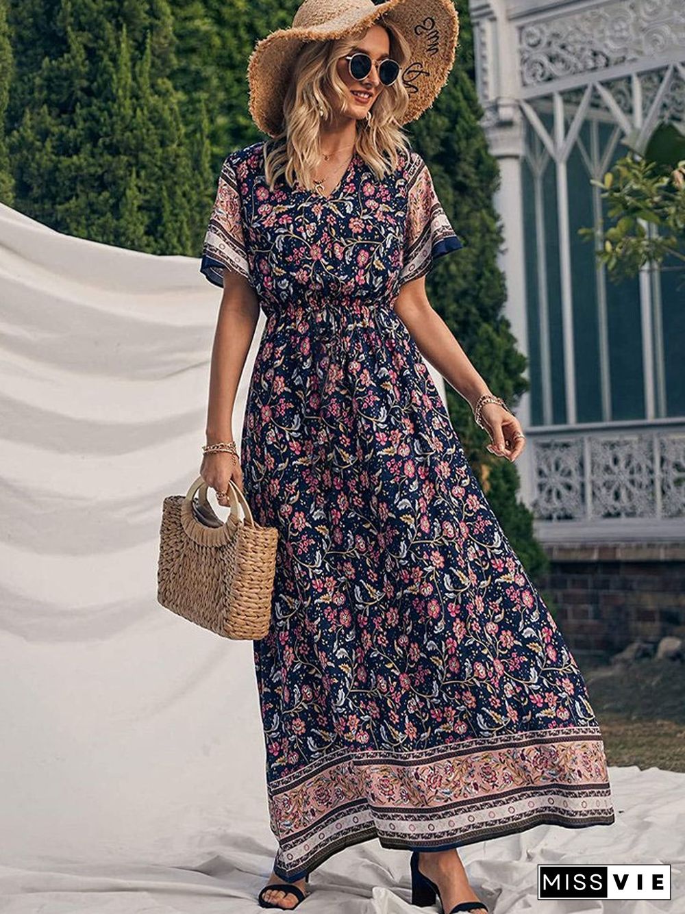 Bohemian Print V-neck Waist Dress Resort Beach Dress