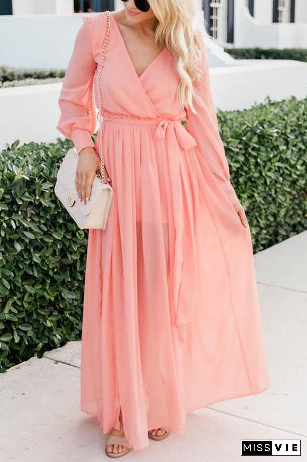 Button Puff Sleeve Belted Maxi Dress