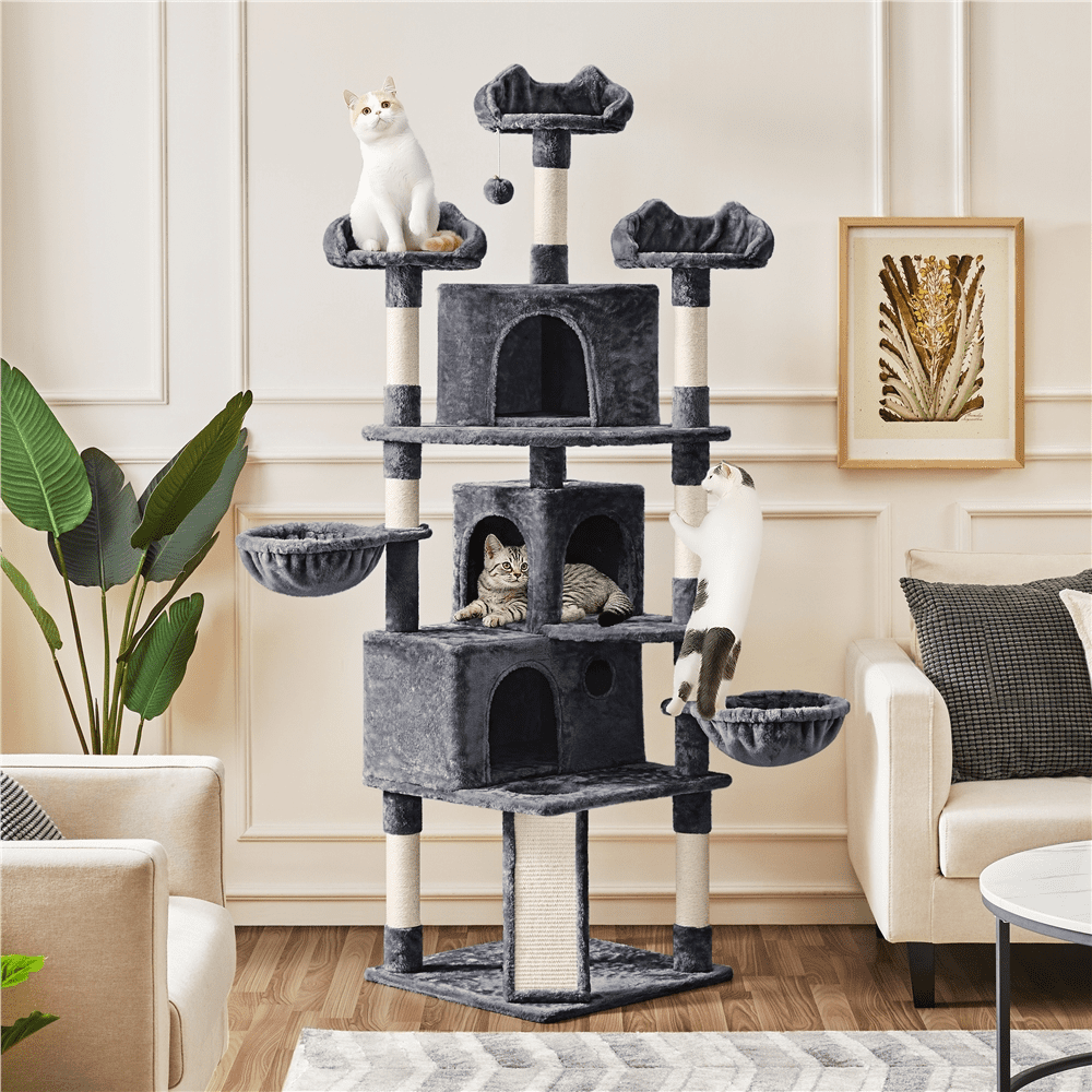 SMILE MART 76.5" Large Cat Tree Tower with 3 Condos Cozy Perches Dangling Ball, Dark Gray