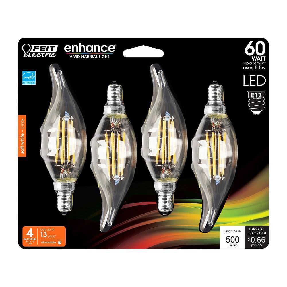 Feit Electric 60-Watt Equivalent BA10 E12 Candelabra Dimmable Filament CEC Clear Chandelier LED Light Bulb Soft White 2700K (4-Pack) BPCFC60927CAFIL4