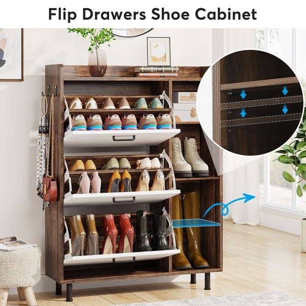 Shoe Storage Cabinet with 3 Flip Drawers and 5 Tiers shelves， Freestanding Wooden Tipping Bucket Shoes Organizer Cabinets - - 35444566