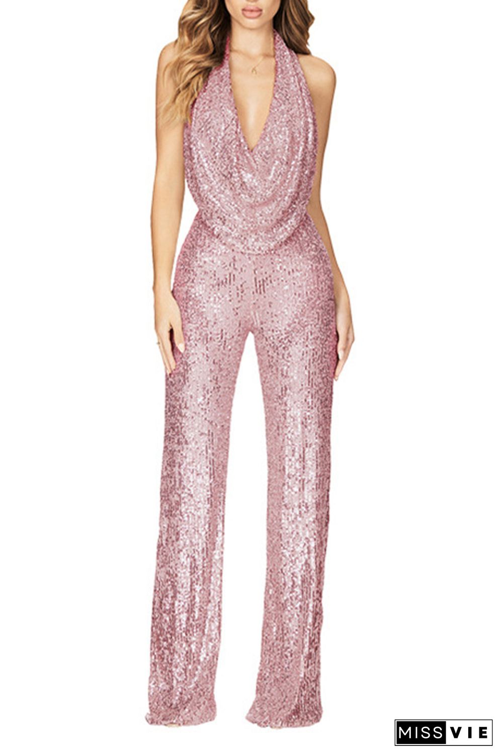 Sleeveless Halter Sequin Glitter One Piece Jumpsuit