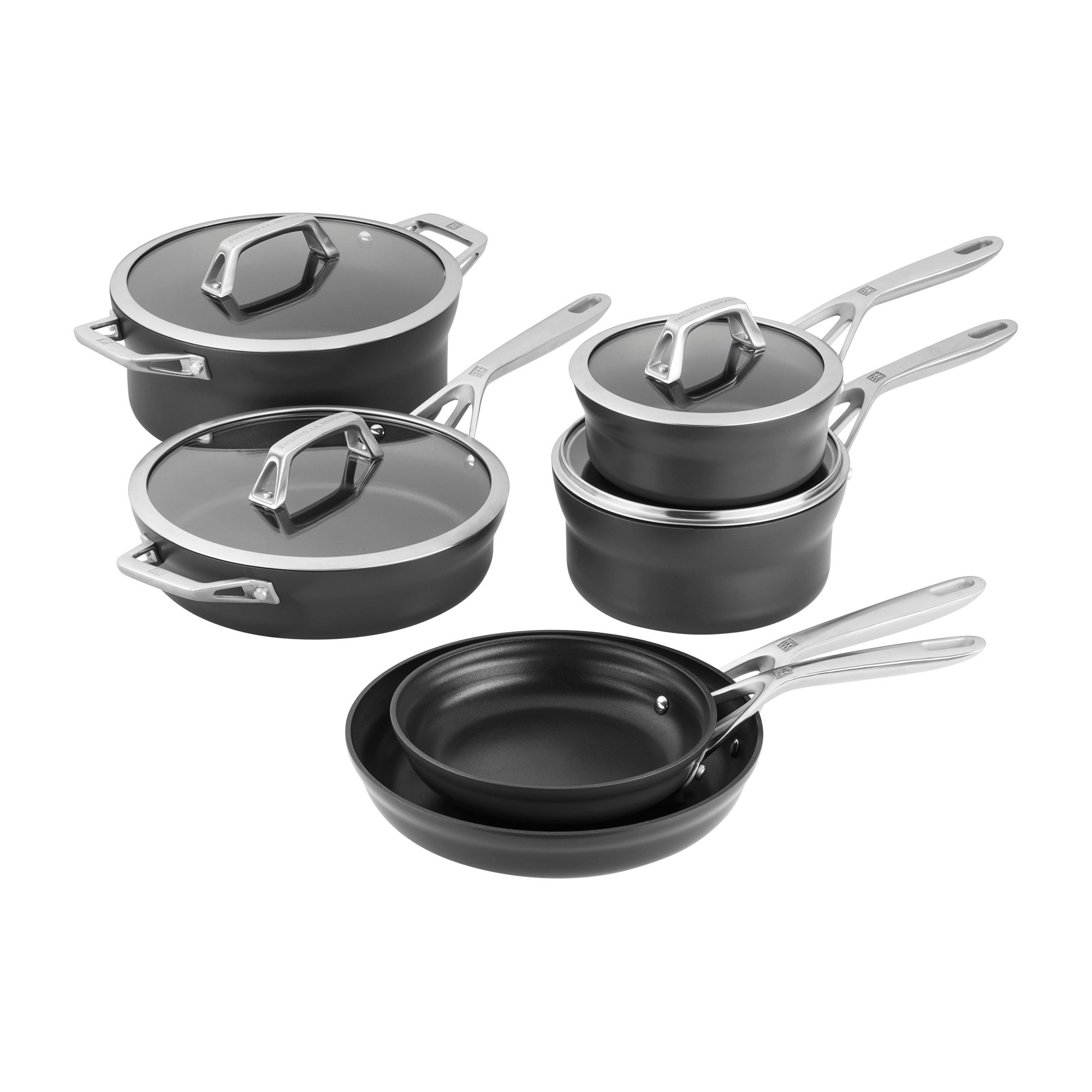 ZWILLING Motion Nonstick Hard-Anodized 10-Piece Cookware Set in Grey， Dutch Oven， Fry pan， Saucepan - 10-pc