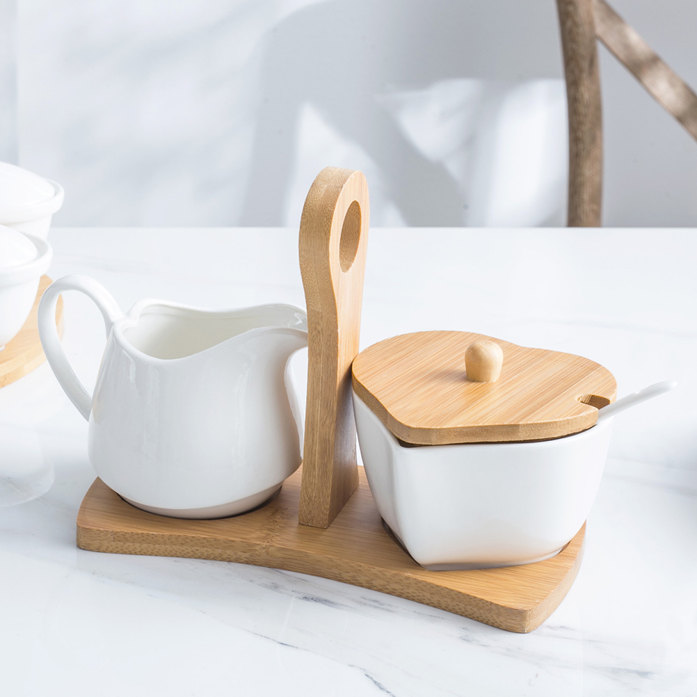 Tinksky Ceramic Sugar Bowl and Cream Pitcher Set with Bamboo Tray and Spoon for Home Hotel