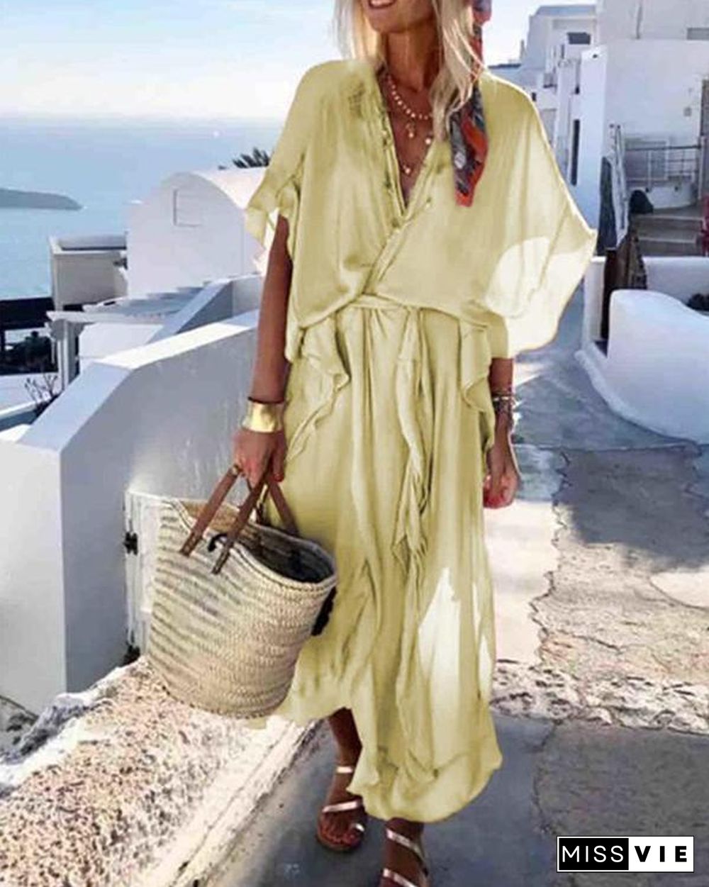 Solid Color V Neck Short Sleeve Maxi Dress