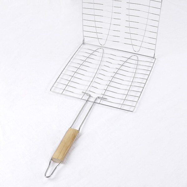 Wooden Handle Metal Mesh Fish Meat Barbecue Grill Grilling Folder Clip Clamp - 19