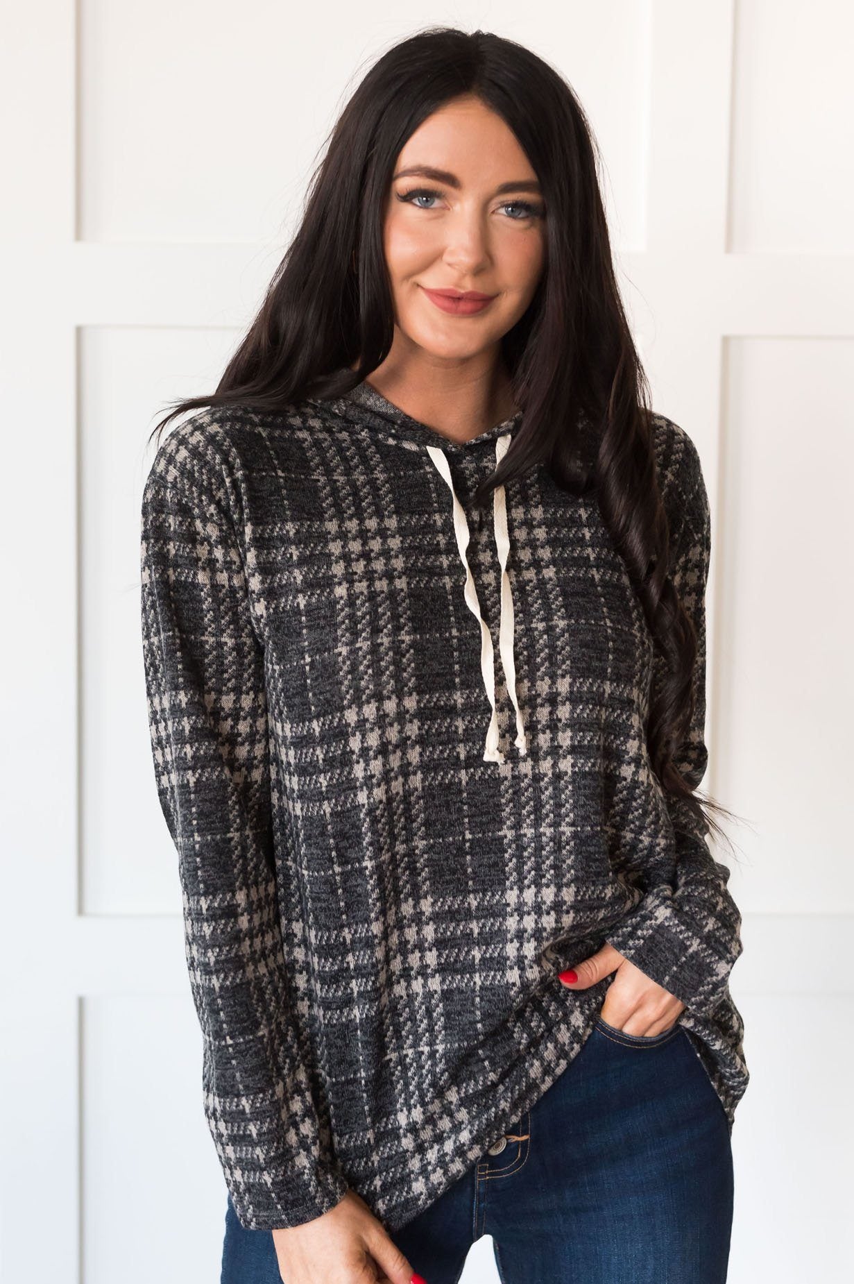 Daylight Stroll Houndstooth Modest Hoodie