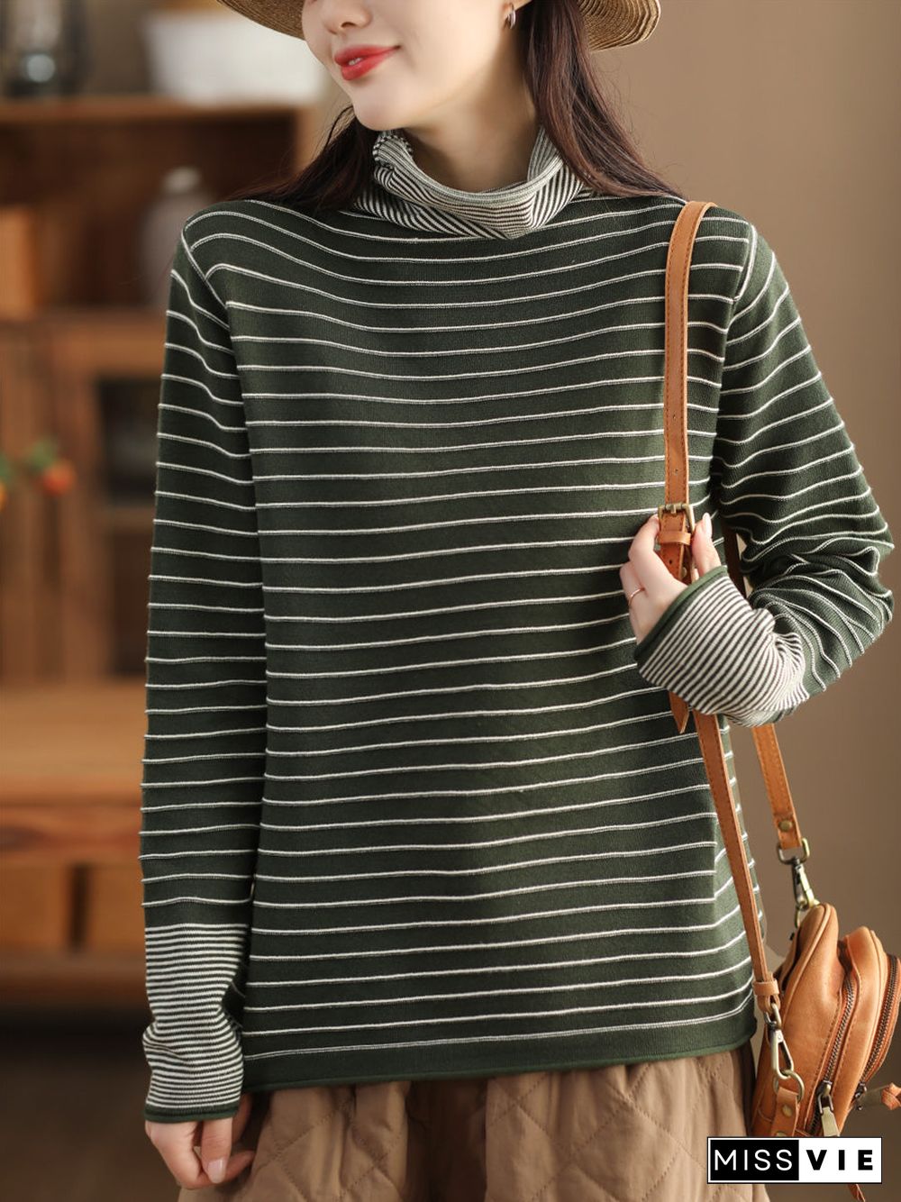 Women Casual Stripe Spliced Turtleneck Warm Sweatshirt