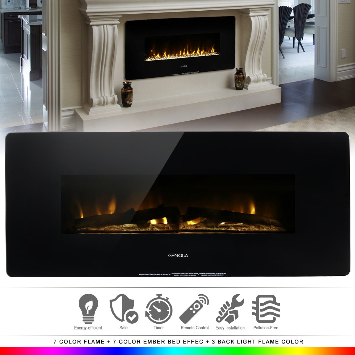 Geniqua 1400W Heat Wall Mount or Standing Electric Fireplace w/Remote MultiColor LED