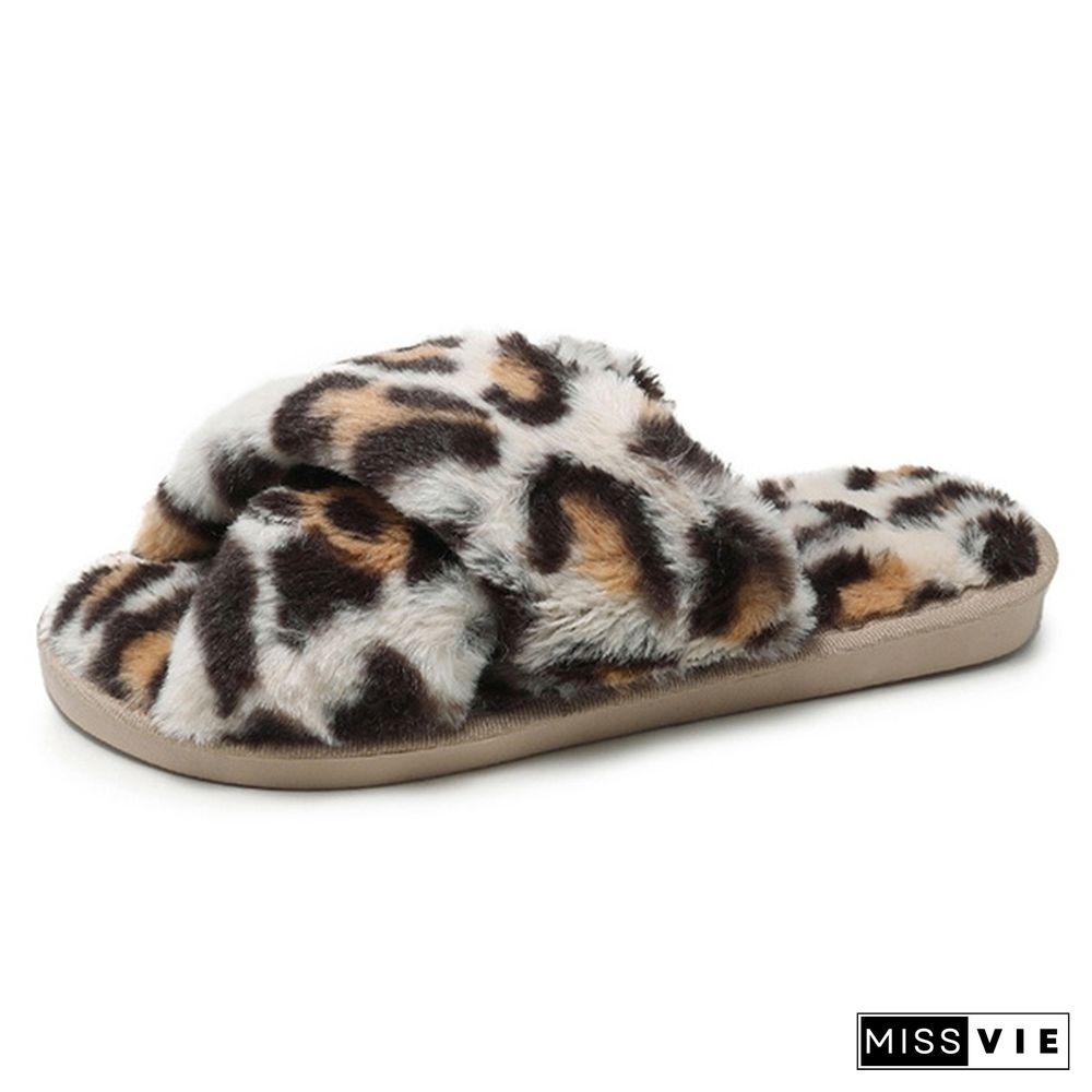 Women Fashion Sexy Flat Leopard Cross Strap Fluffy Soft Slippers Sandals Party Indoor Flip Flop Shoes