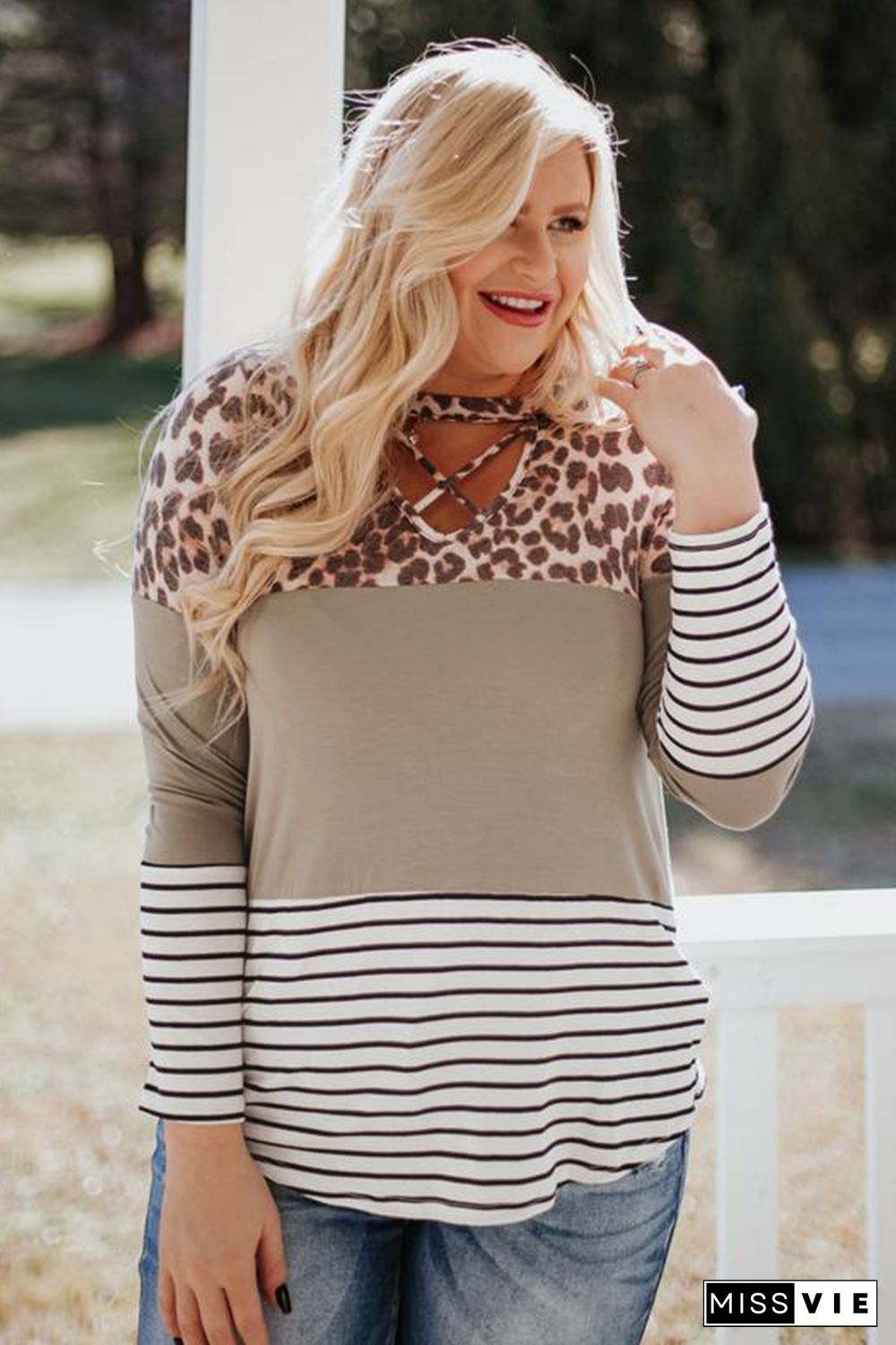 Leopard Colorblock Striped Long Sleeve Plus Size Top