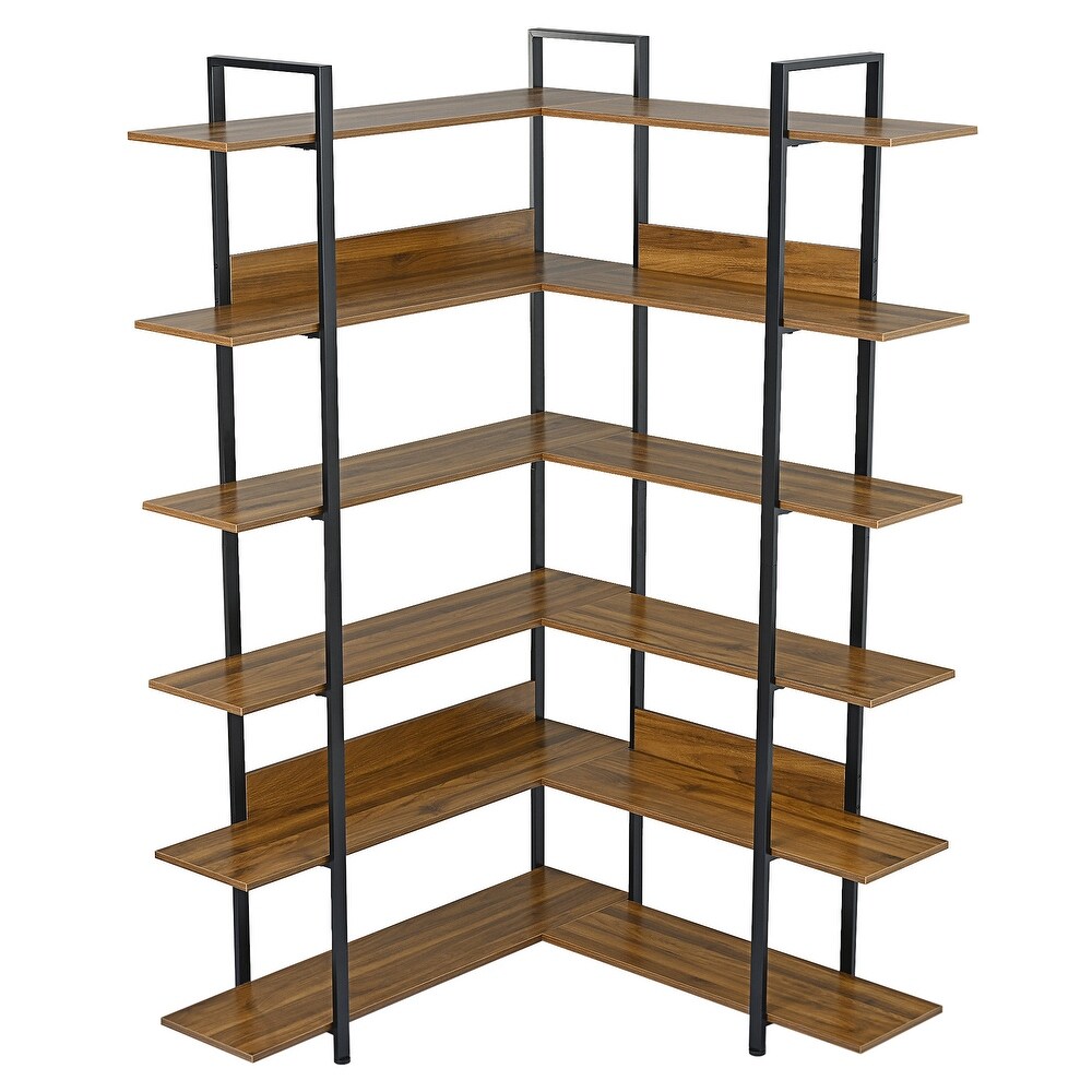 74.8 Inch Bookshelf L shape Stainless Steel Frame Corner 6 tier Shelves Adjustable Foot Pads