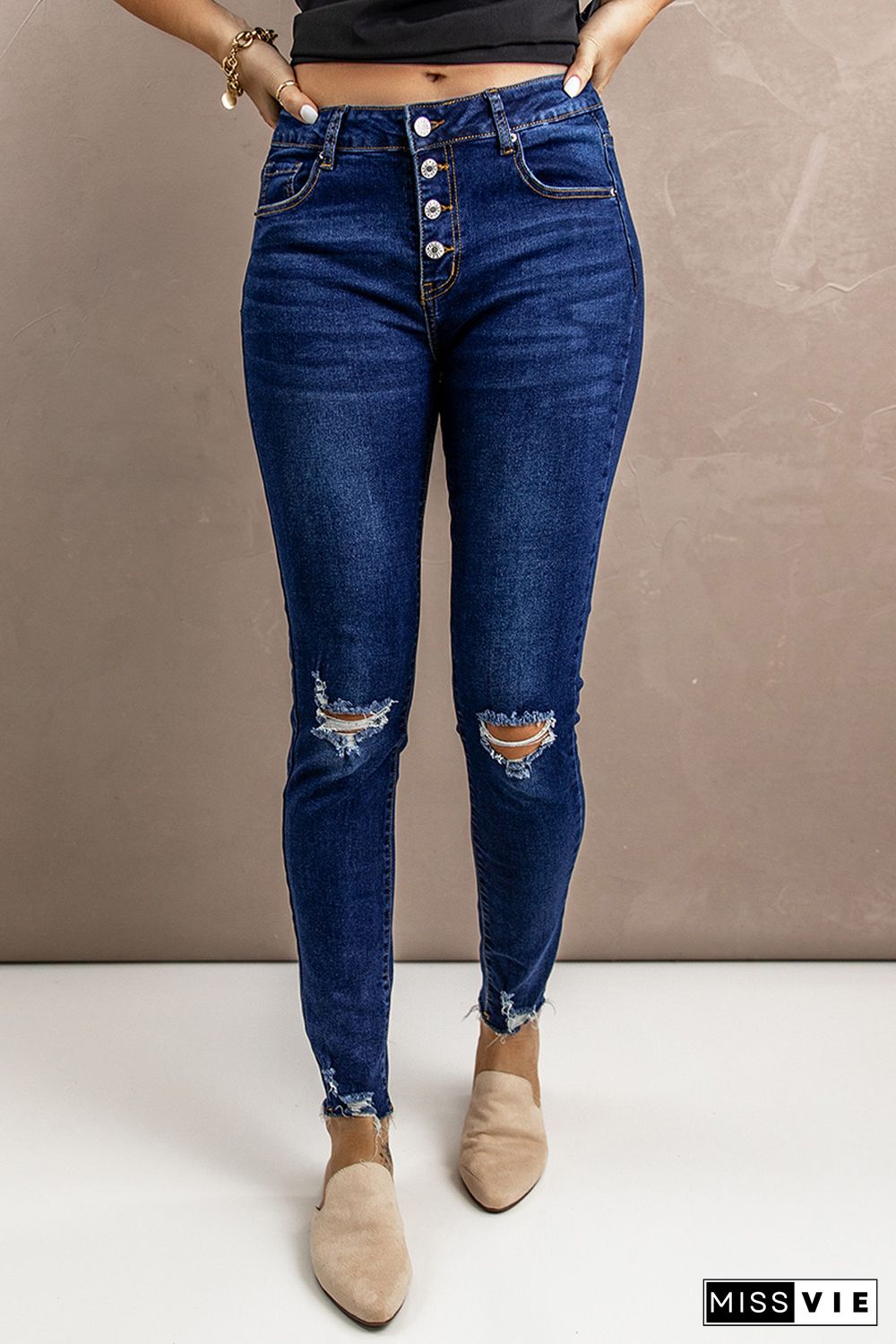 Blue Ripped Button Fly Skinny Jeans