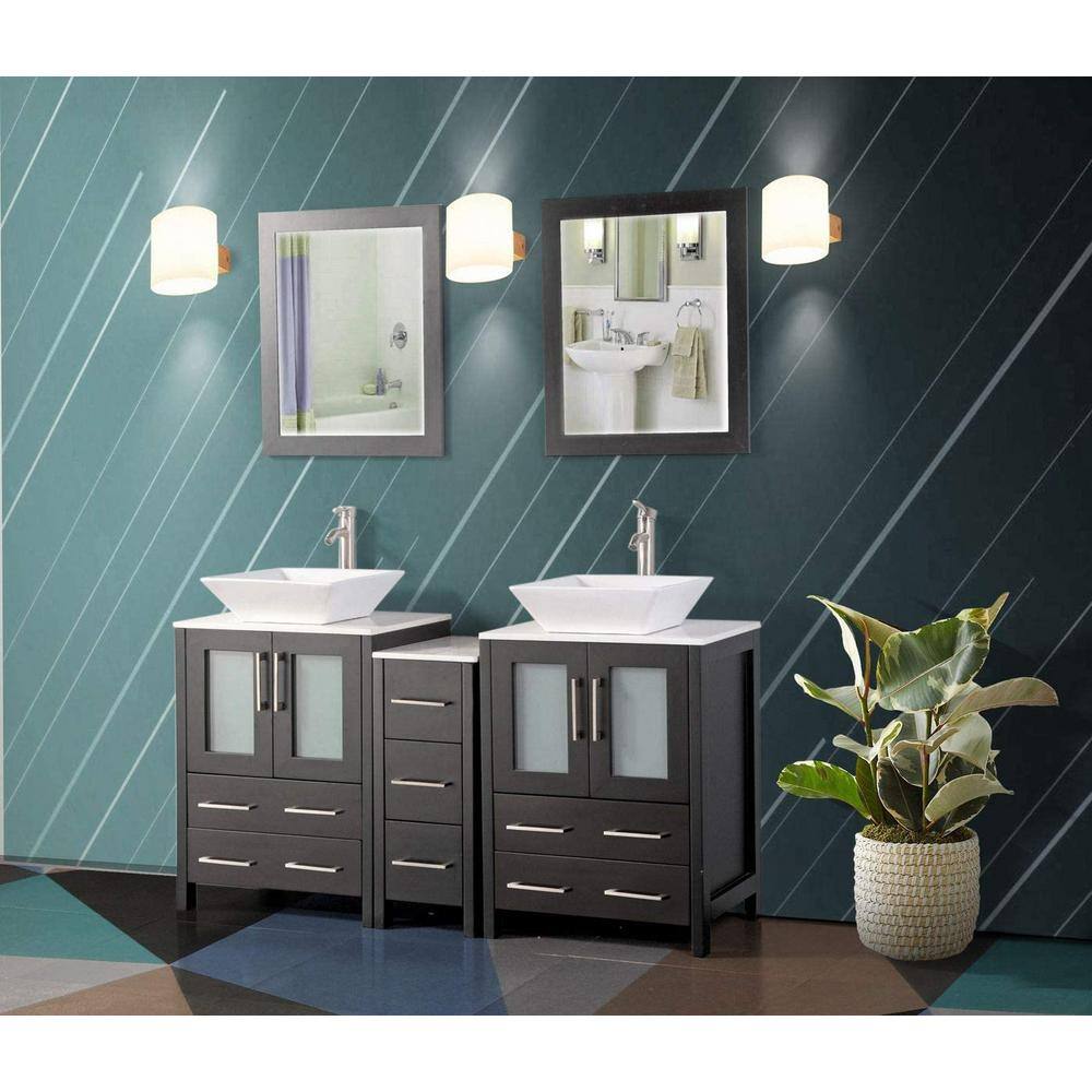 Vanity Art Ravenna 60 in. W Bathroom Vanity in Espresso with Double Basin in White Engineered Marble Top and Mirror VA3124-60E