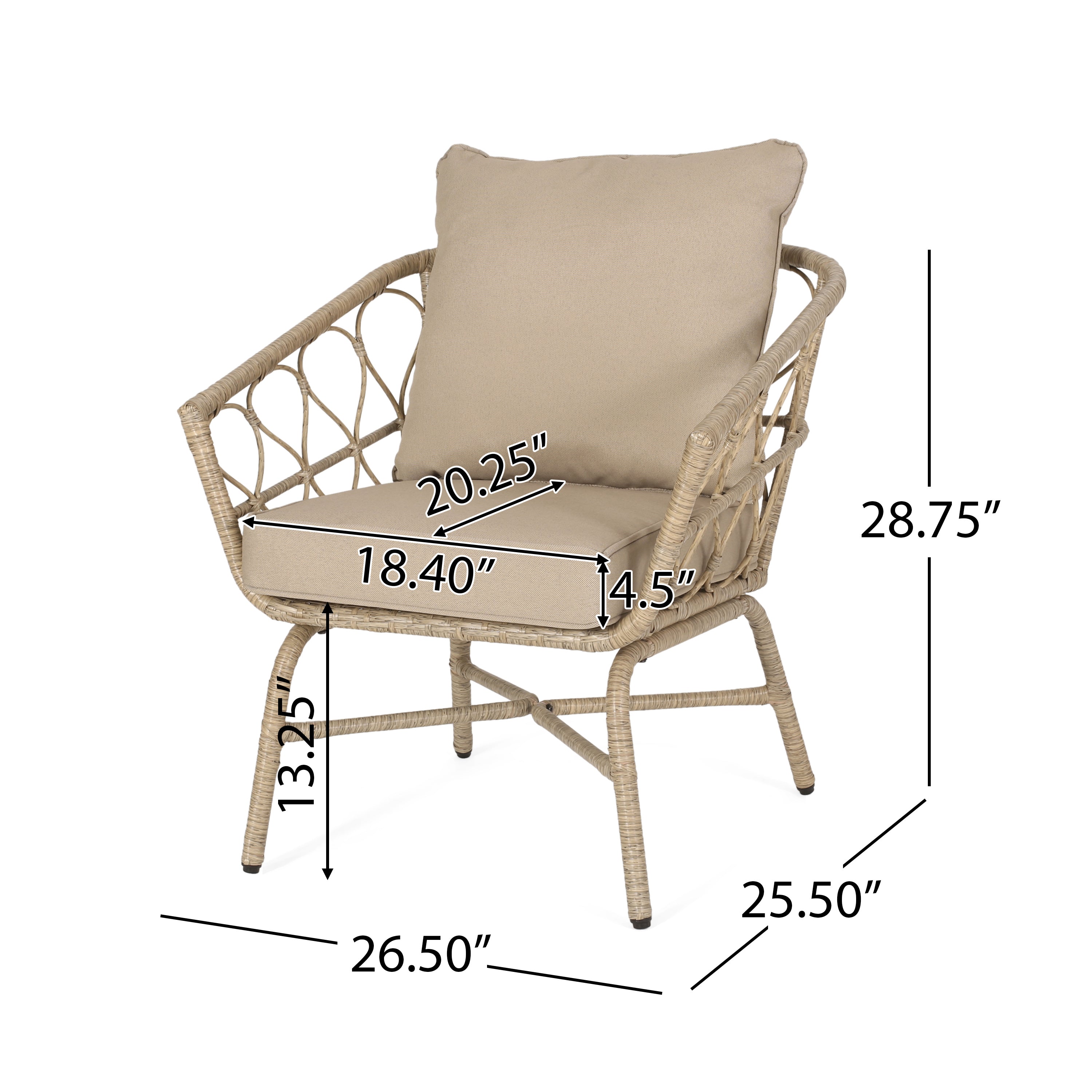 Colmar Outdoor Wicker Club Chairs with Cushions, Set of 2, Light Brown and Beige