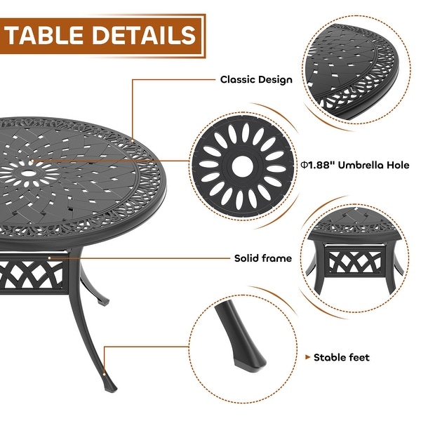 3/5Piece Cast Aluminum Outdoor Dining Set with 35.43 in. Round Table and Random Color Cushions