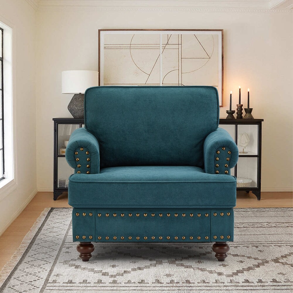 Living Room Lounge Single Sofa Blue Chenille Fabric Accent Sofa Chair  Thick Back Reading Chair with Rolled Arms and Pillows